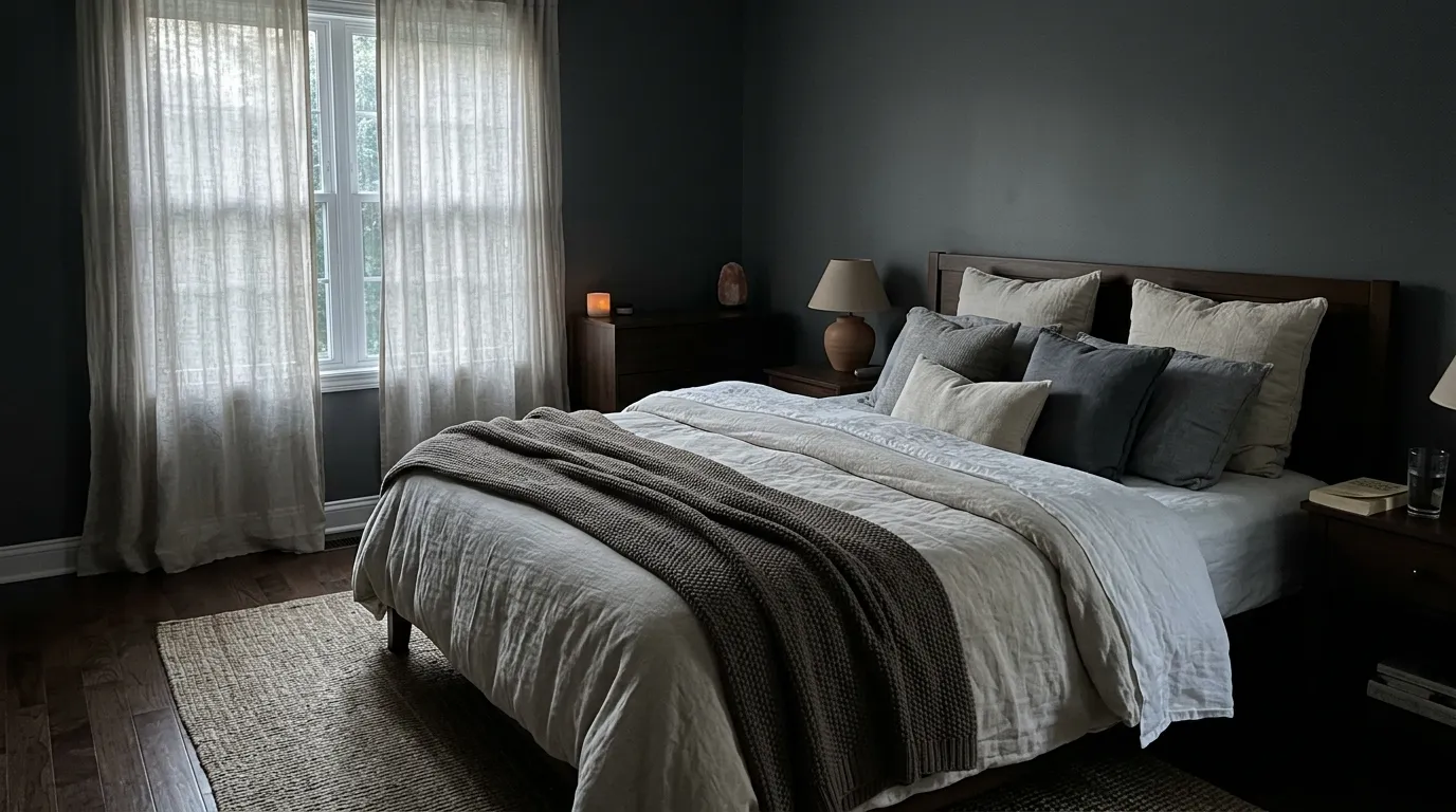 A serene, dimly lit bedroom at night with cozy layered bedding, illuminated gently by moonlight.