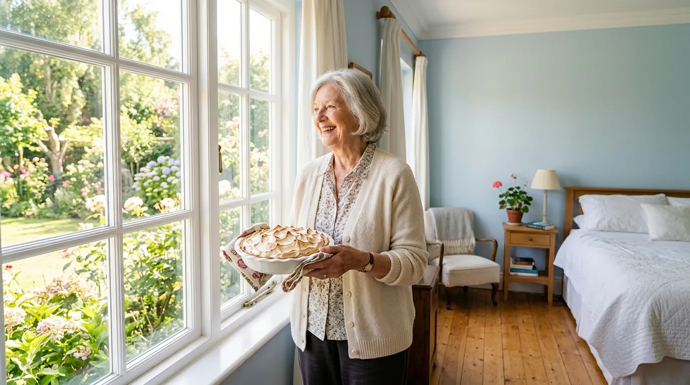 A bright, sunlit room painted pale blue, where an elderly woman stands holding a lemon pie.