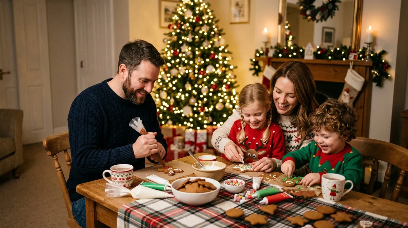 Cozy family decorating Christmas cookies