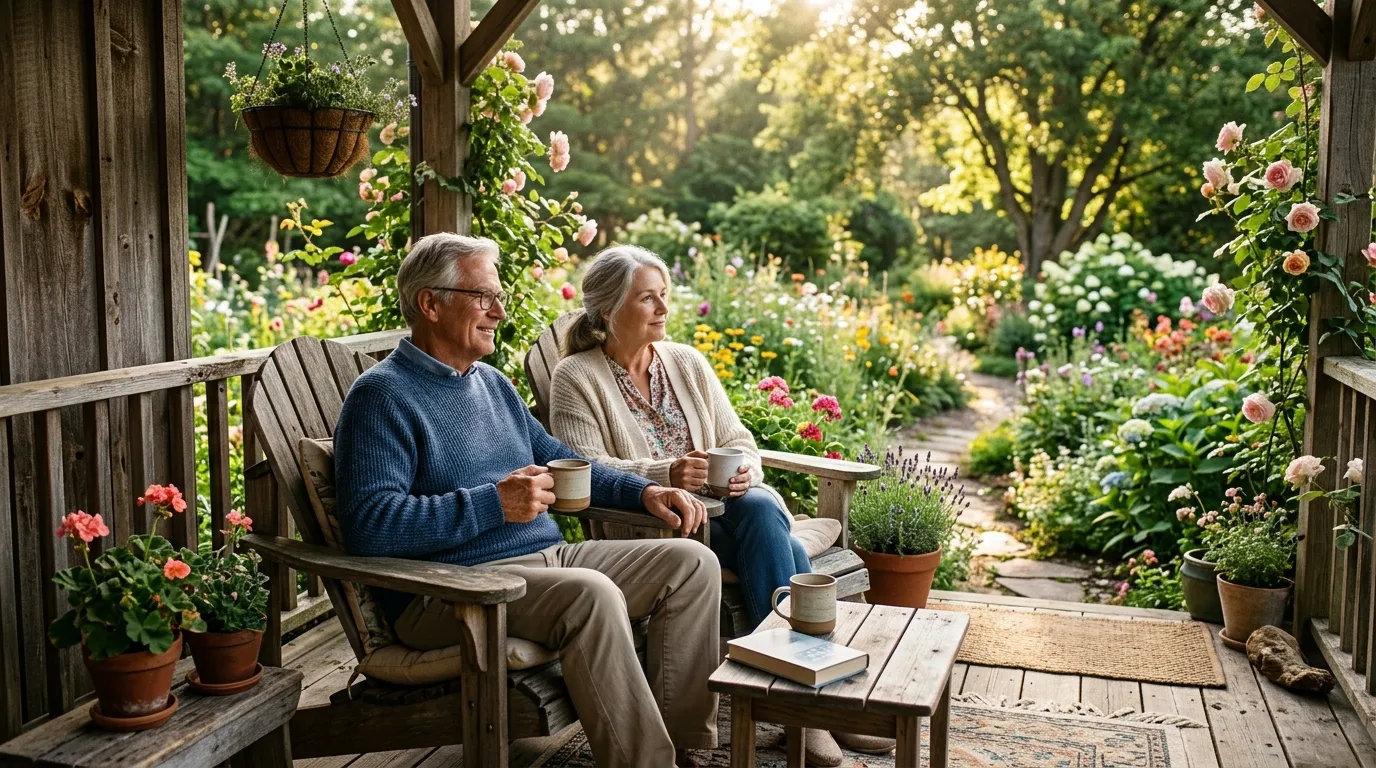 Mature couple sitting peacefully on a porch enjoying morning coffee together