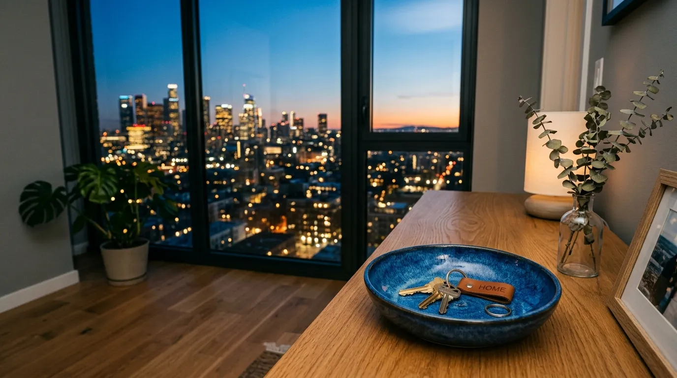 A set of keys resting in a blue ceramic bowl near a window overlooking a calm city skyline