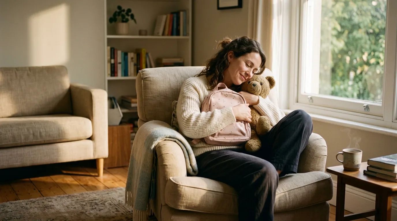 A cozy living room bathed in warm light with a woman holding a small stuffed bear