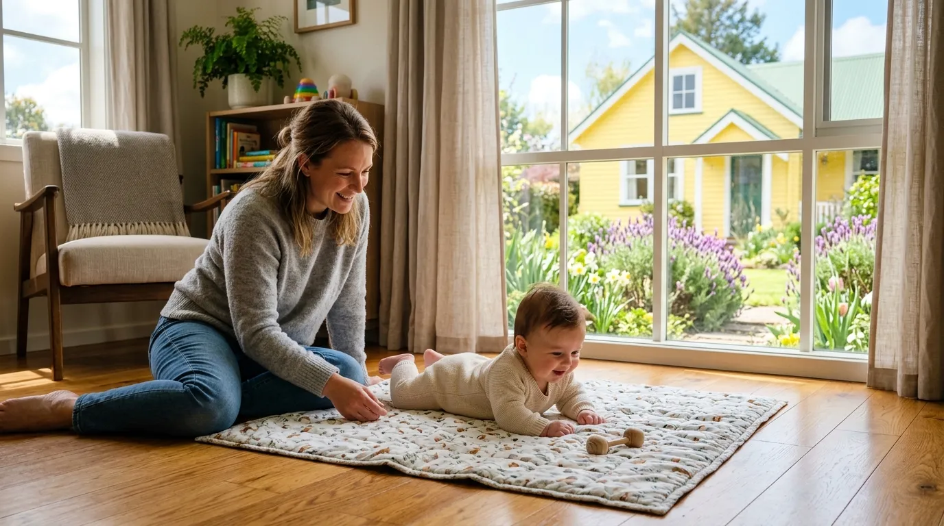 Baby rolling on a blanket in a sunlit living room with lavender outside