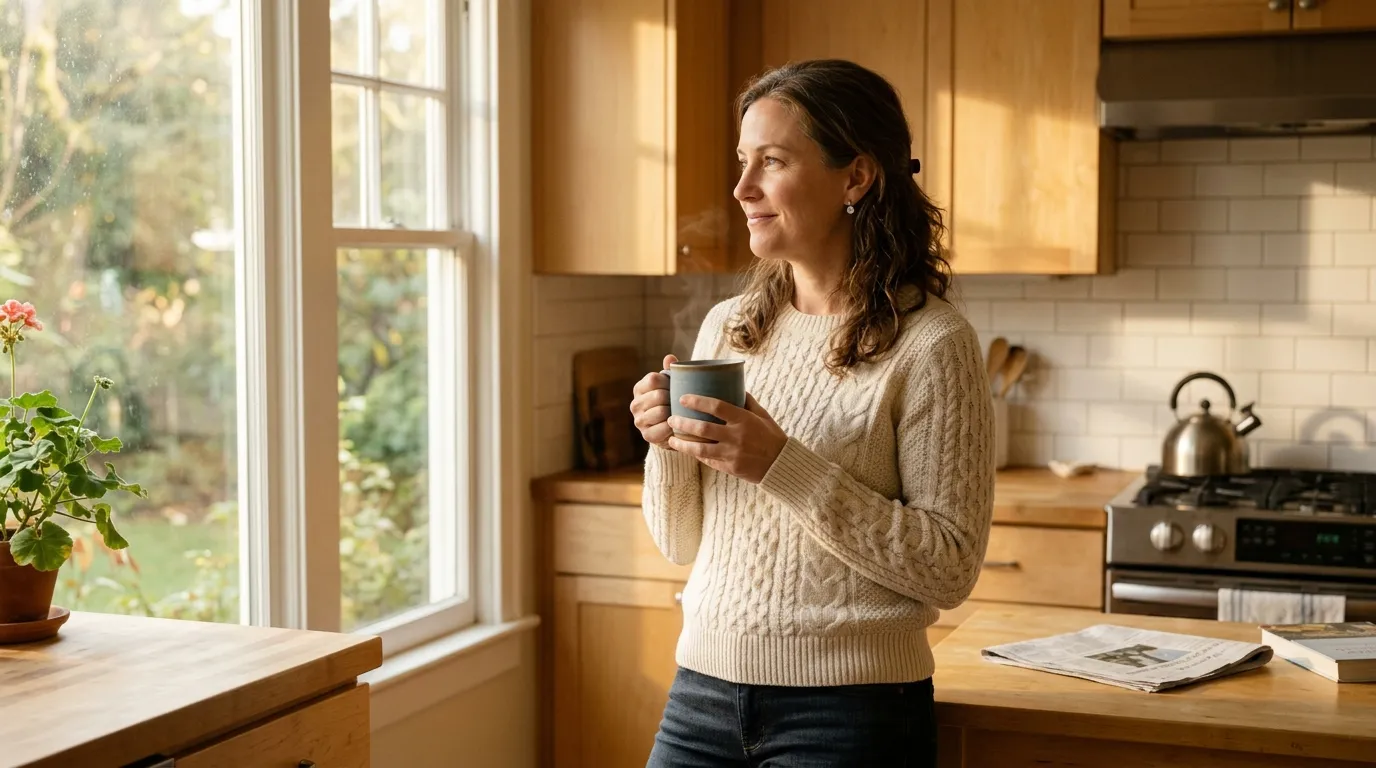 A woman standing peacefully in a bright kitchen with a coffee mug