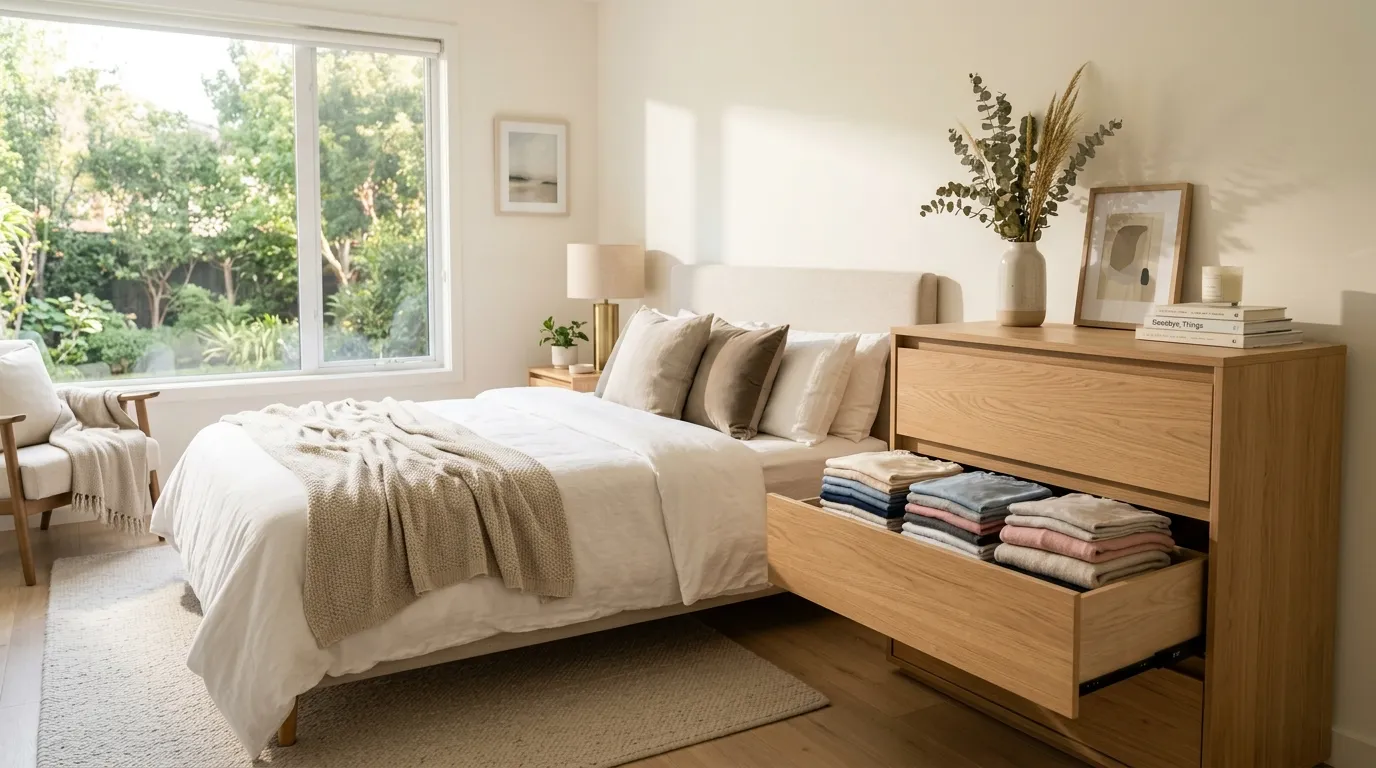 A peaceful, sunlit bedroom with an open drawer showing perfectly folded clothes untouched by anyone else.