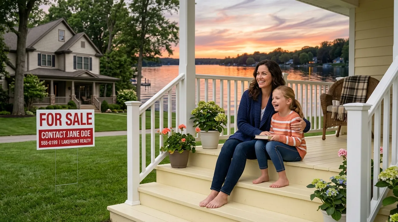 A mother and daughter sitting on a freshly painted yellow porch looking at a sunset over the lake