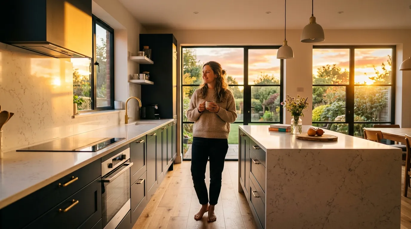 Vanessa standing peacefully in her beautiful, newly renovated modern kitchen at sunset.