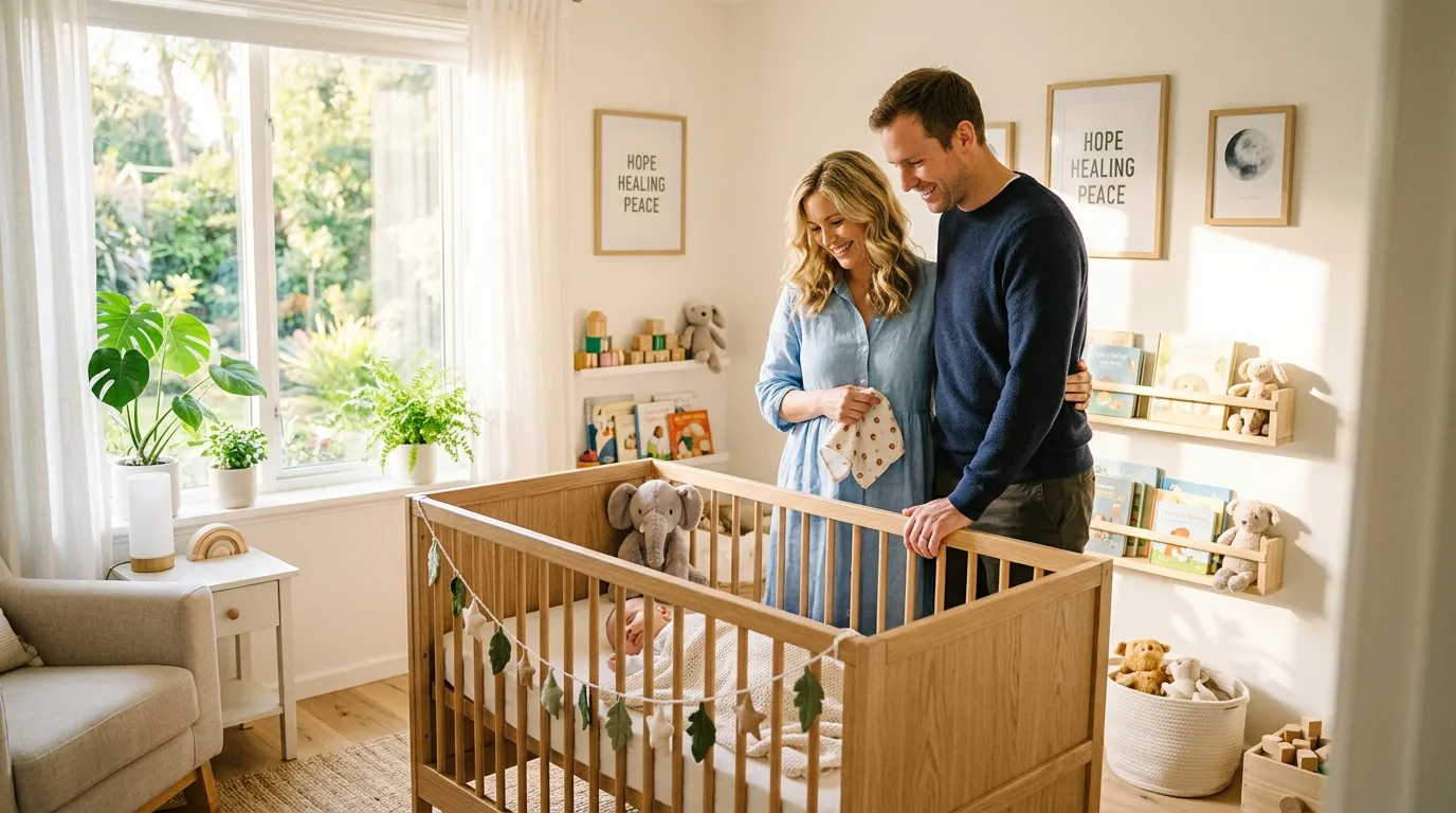 A husband and wife standing happily together by a crib in a sunlit nursery.