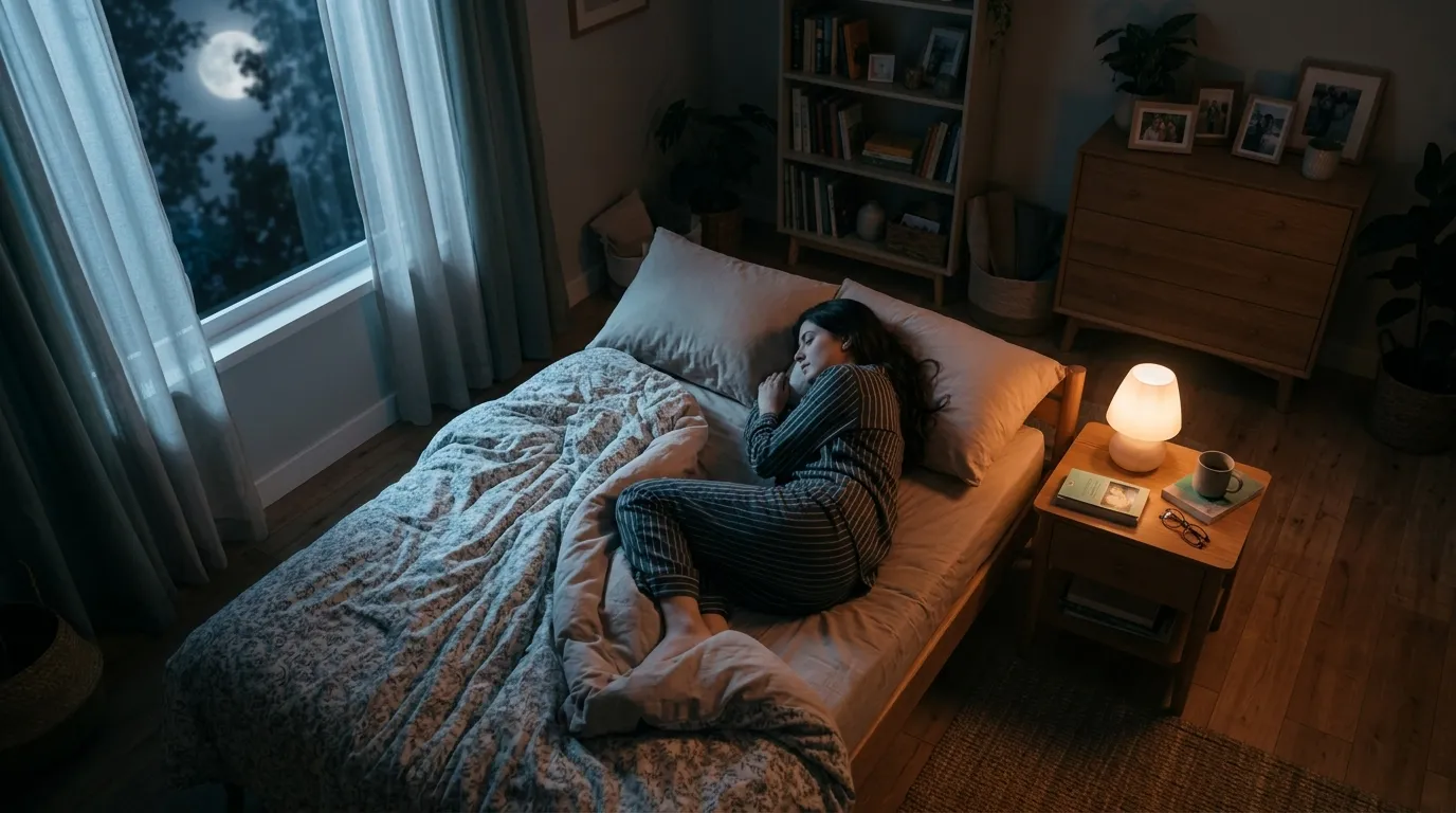 Overhead view of a beautiful young woman sleeping peacefully in a cozy, moonlit bedroom