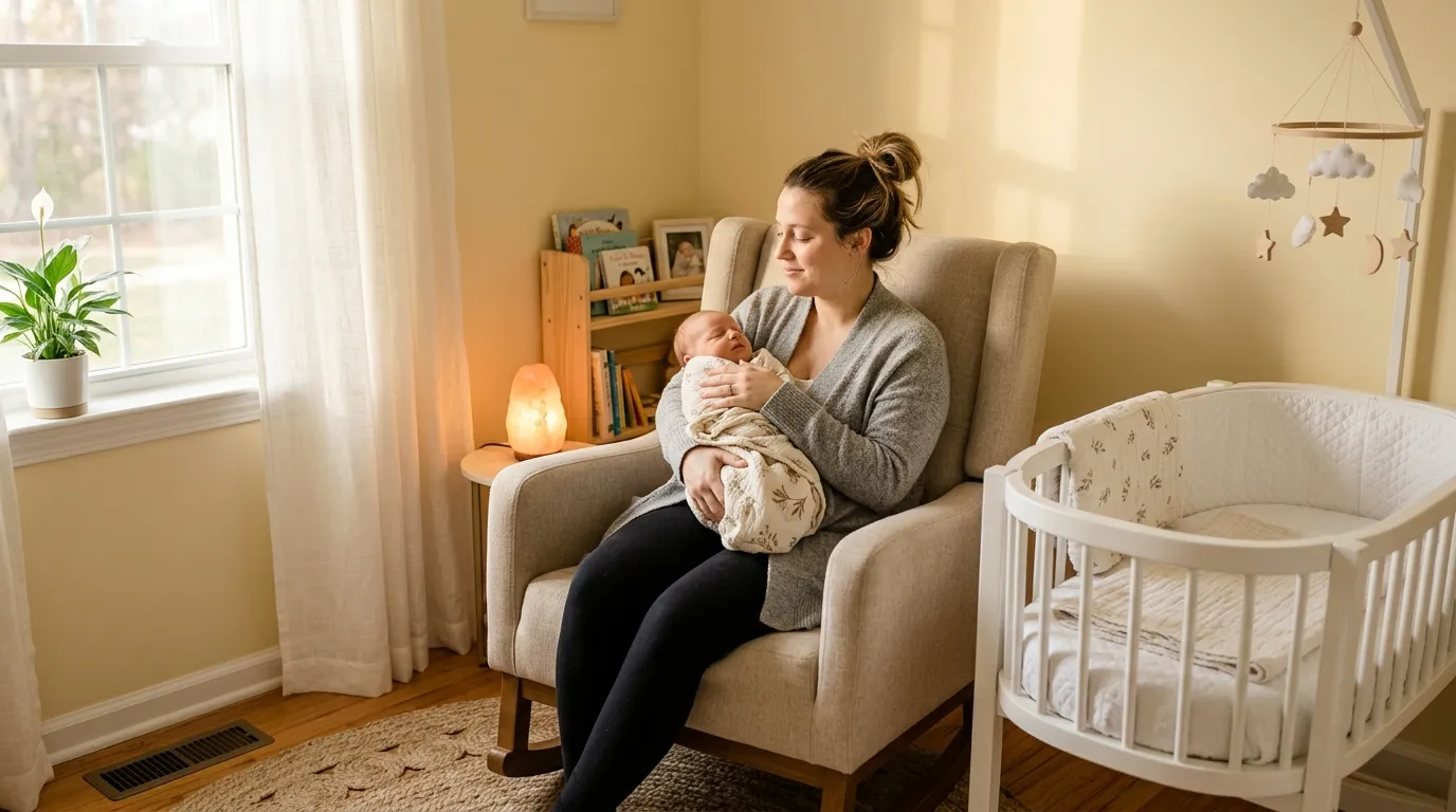 Mother peacefully rocking her baby in a sunlit yellow nursery