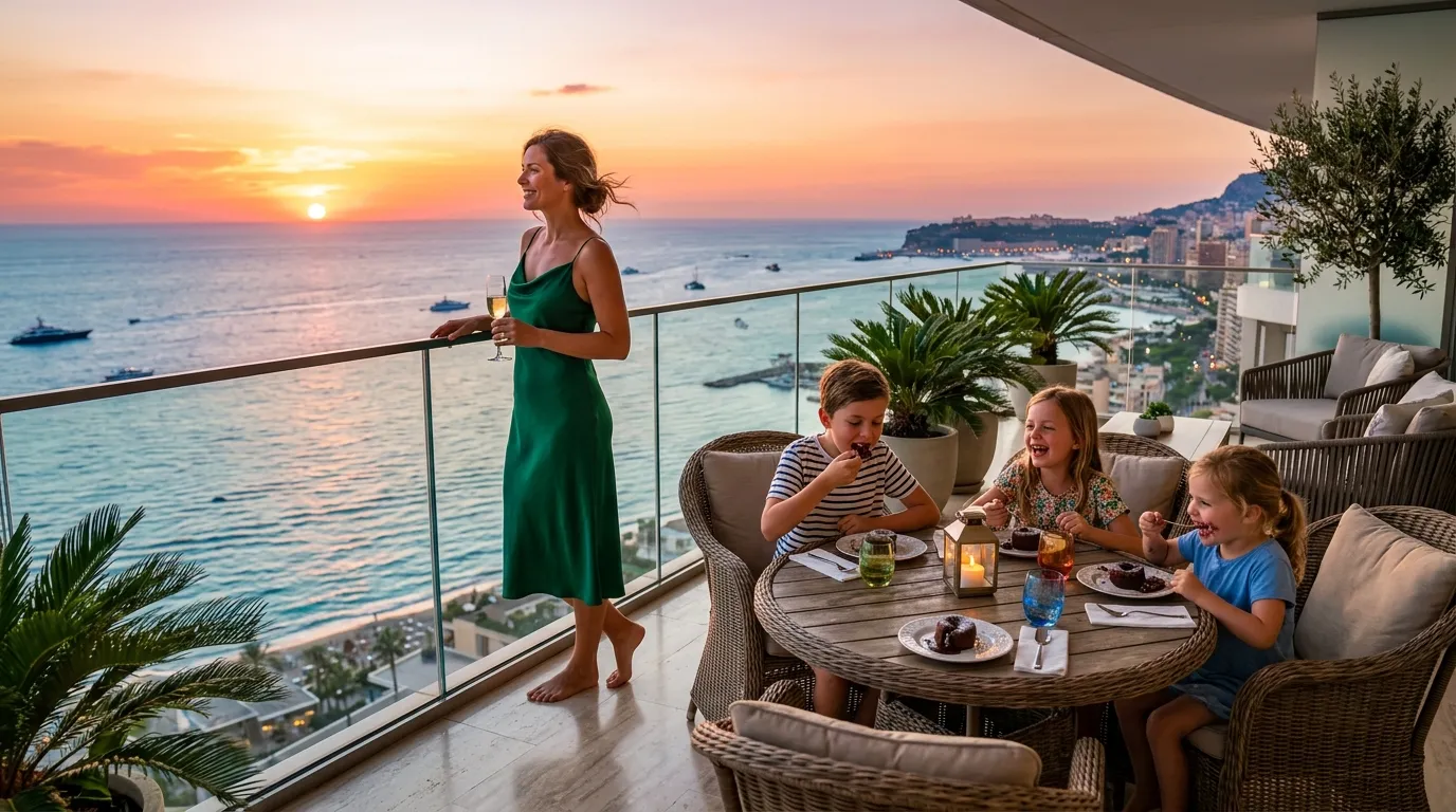 Mother and children enjoying dessert on a luxurious penthouse balcony overlooking the ocean at sunset.