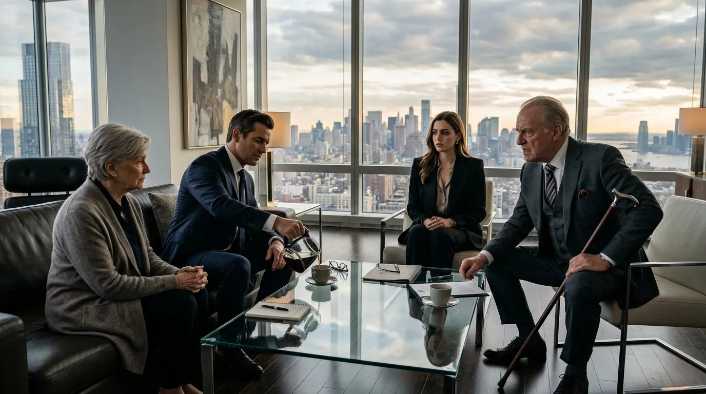 A tense meeting in a modern penthouse between an older man, a young wealthy woman, and a calm billionaire pouring coffee.