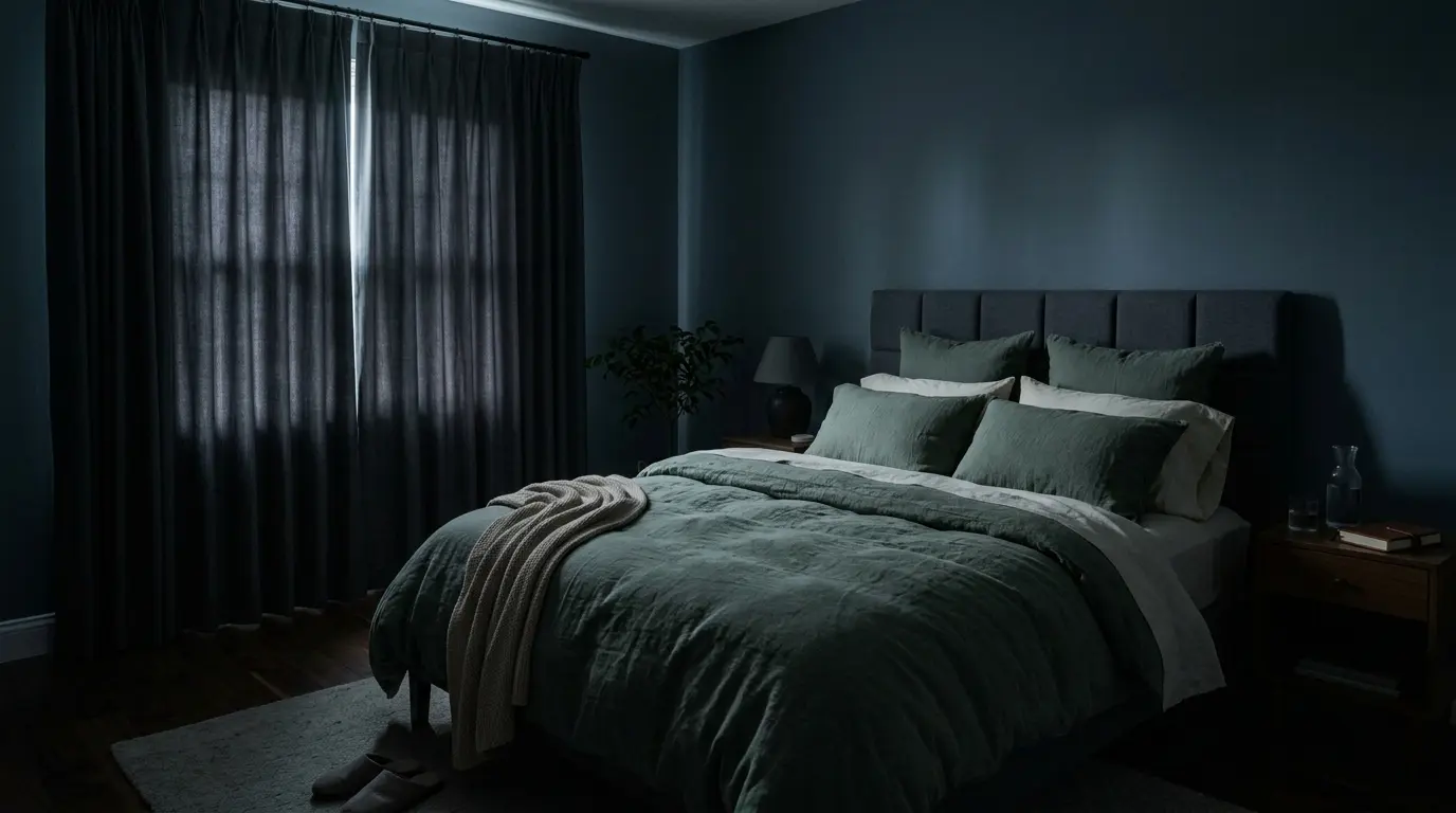 Serene, dark, and cool bedroom optimized for perfect deep sleep