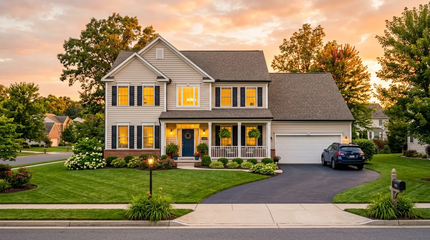 A beautifully maintained suburban home at golden hour
