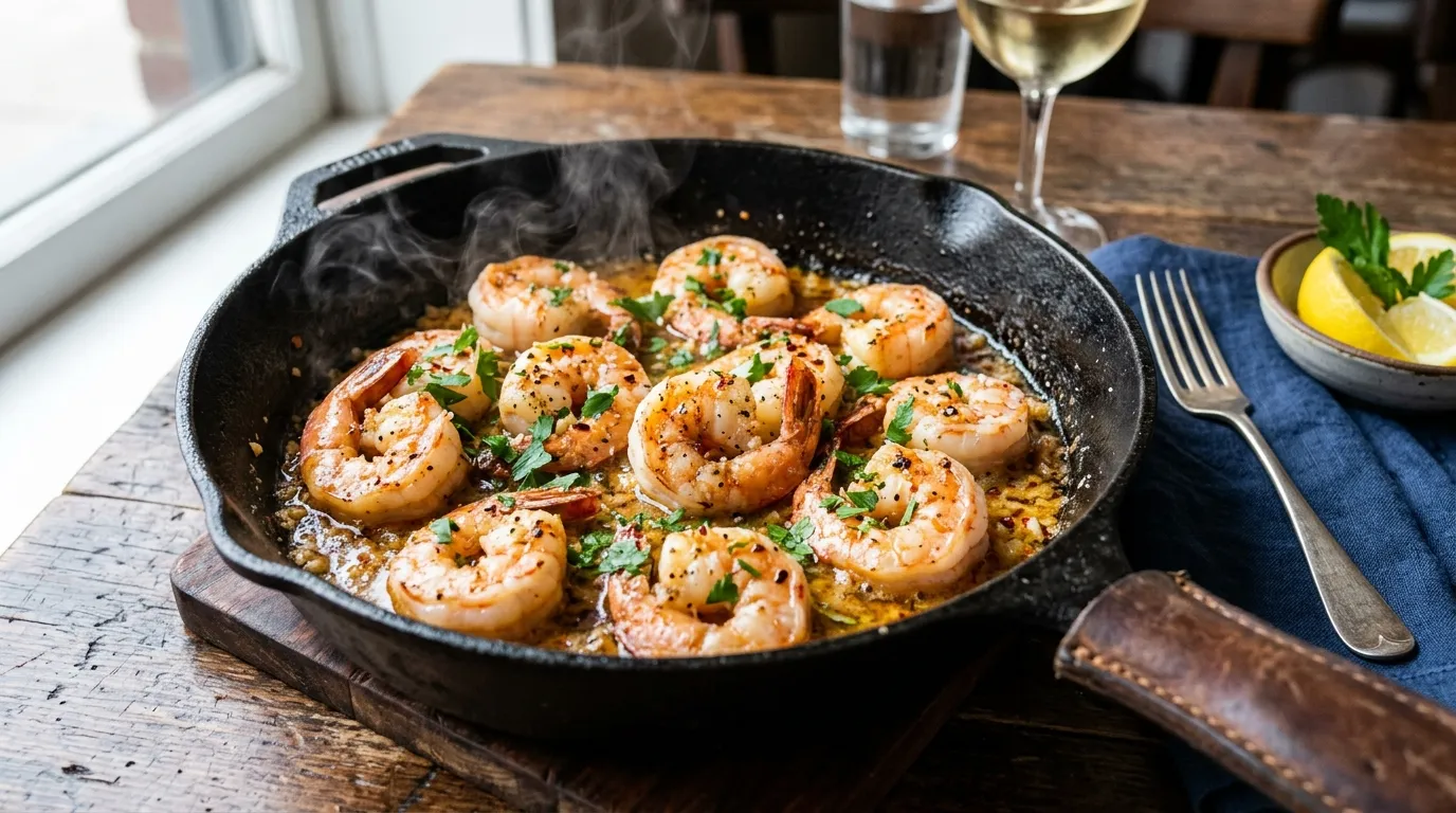 Sizzling cast-iron skillet of cooked pink shrimp with garlic and parsley