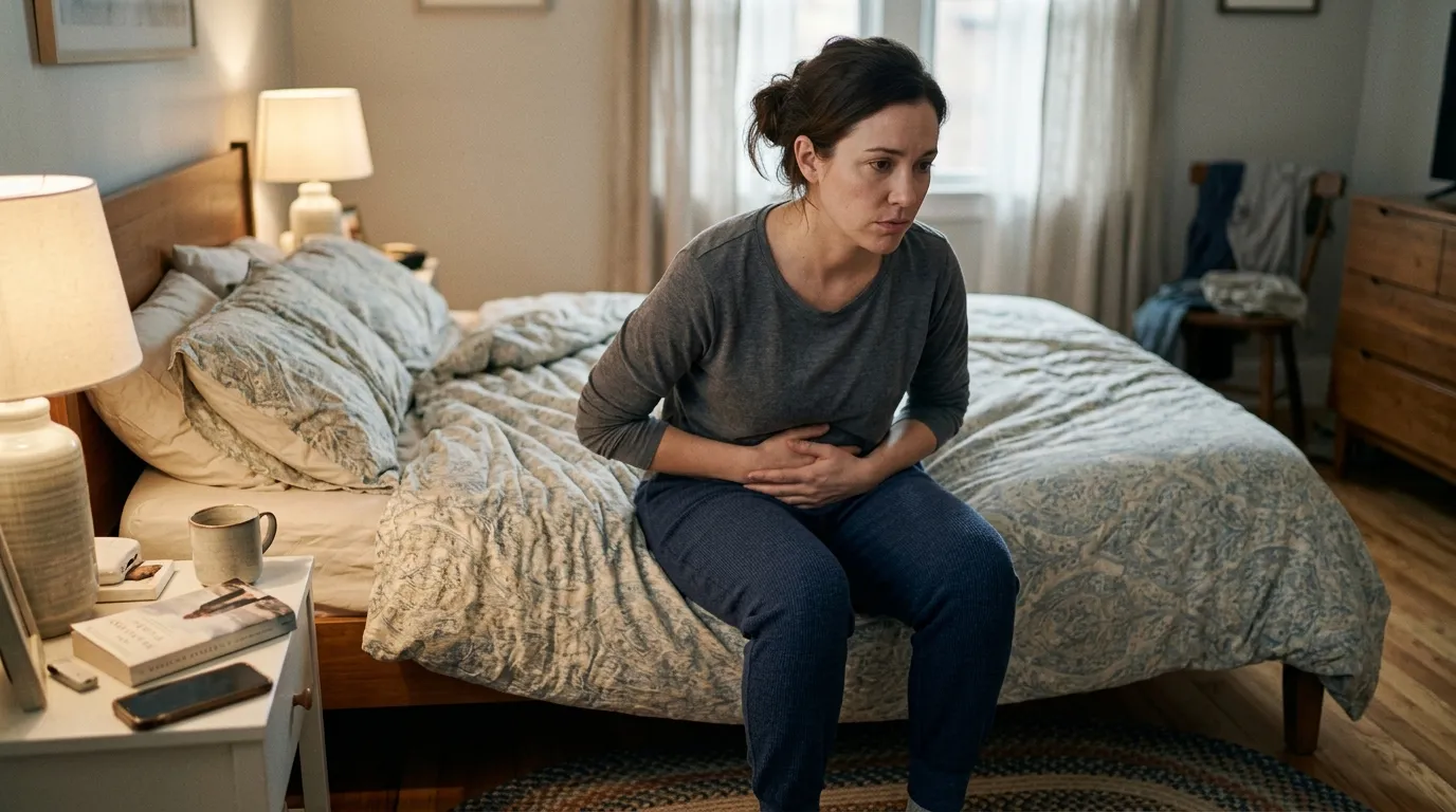 A person sitting comfortably on the edge of a bed holding their lower stomach thoughtfully