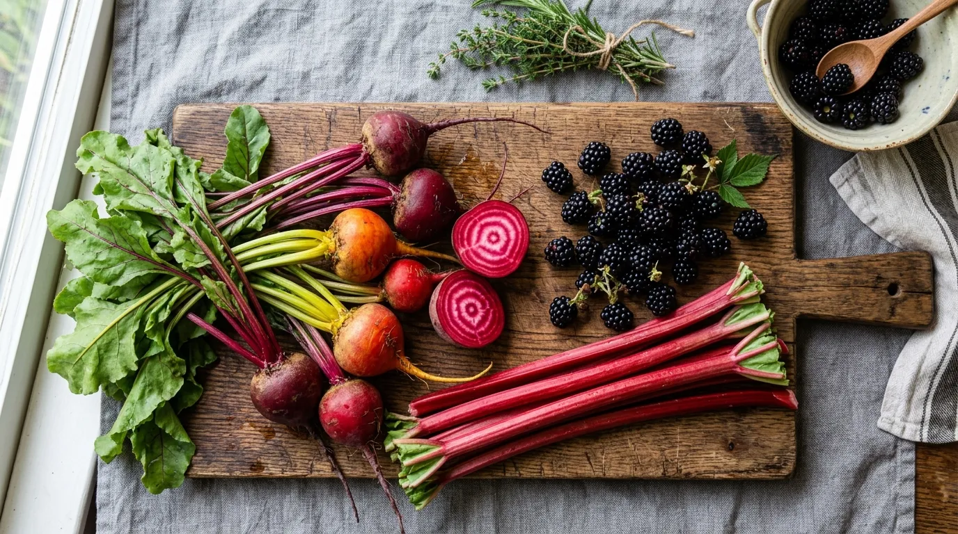 Fresh beets, rhubarb, and blackberries on a rustic cutting board