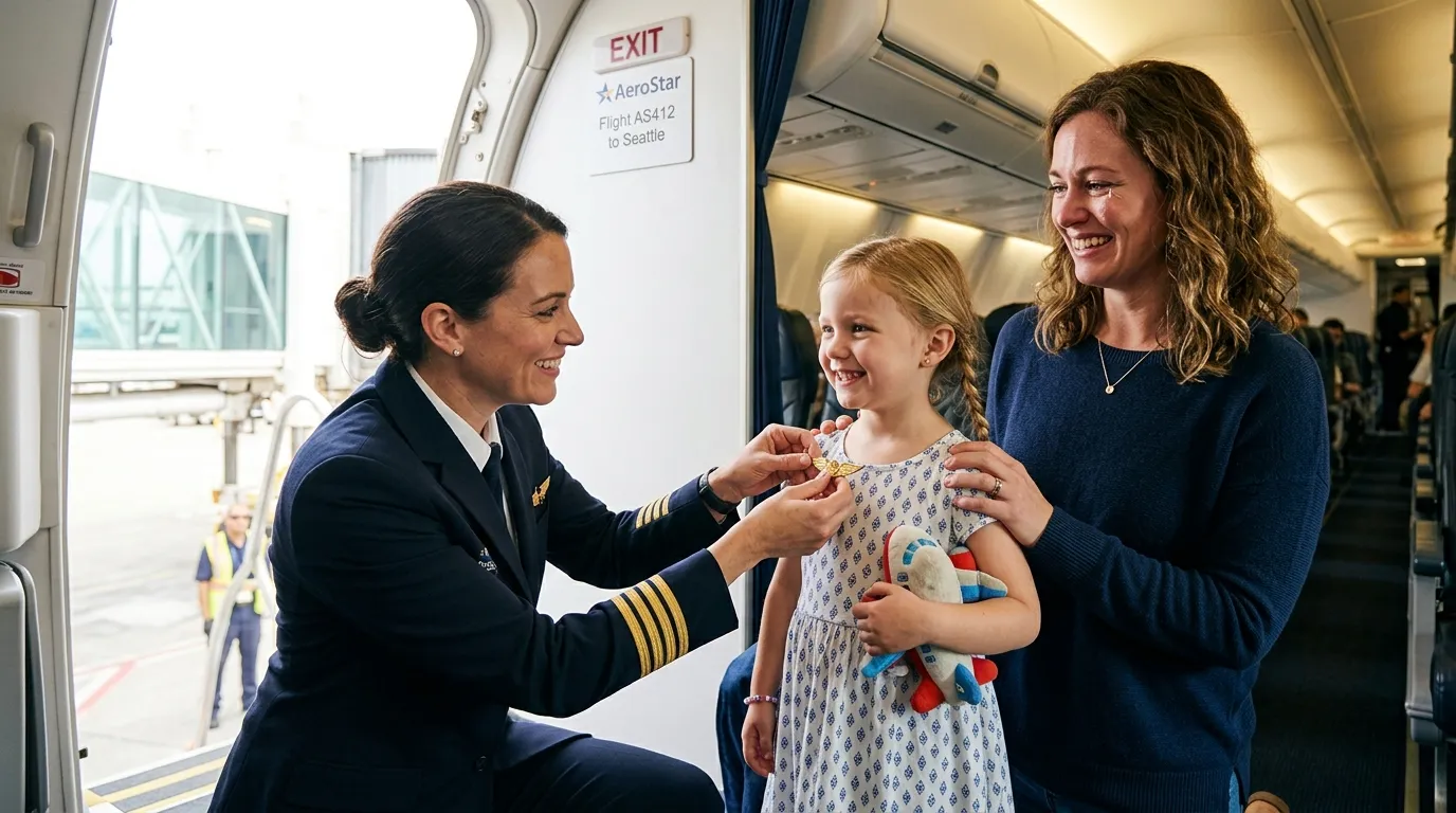 A smiling airline pilot pinning golden wings onto a happy young girl's shirt as they exit the airplane.