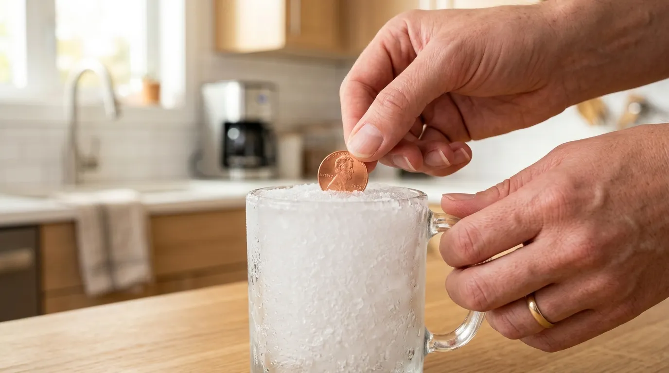 Close-up of hands placing a shiny copper penny onto a frozen mug of water