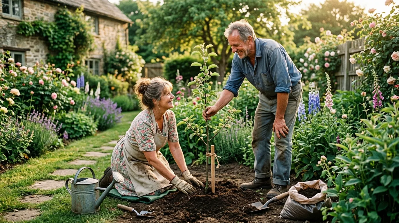A loving couple planting a young apple sapling in a sunny garden.