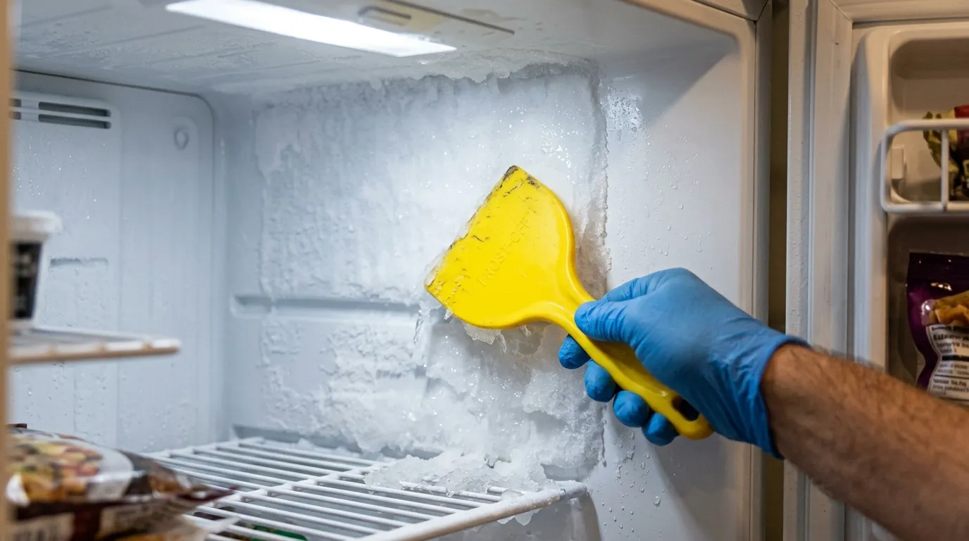 Hand using a yellow plastic spatula to scrape melting ice inside a freezer