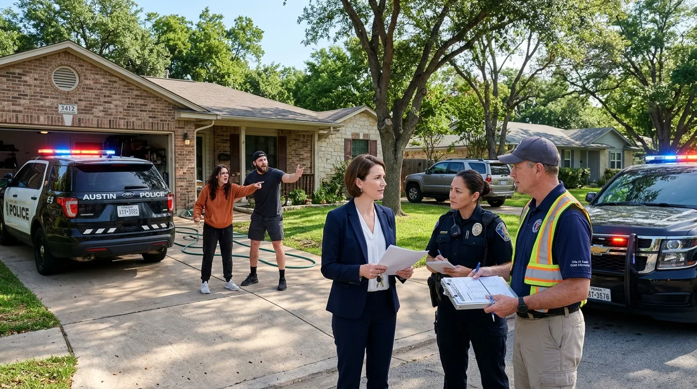 Police cars and city inspectors in the driveway of a suburban house confronting an angry family.