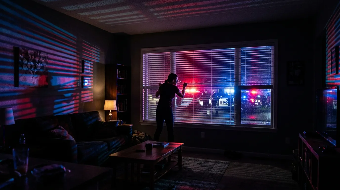 Red and blue police lights flashing through the blinds of a house window at night.