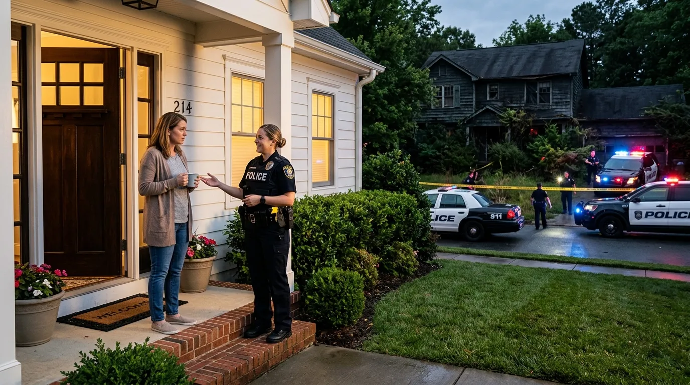 Police officer talking to a parent outside a house