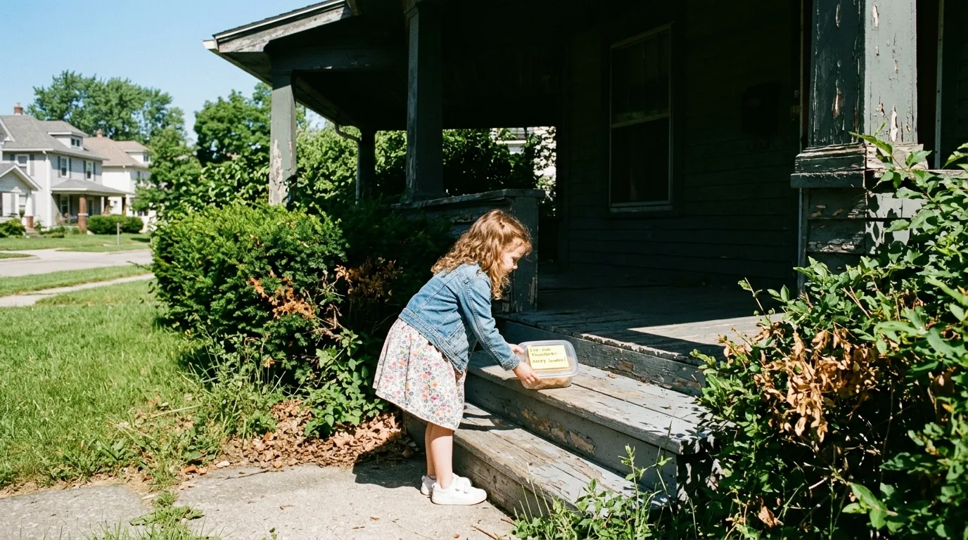 Little girl leaving a container of cookies on a shadowy porch