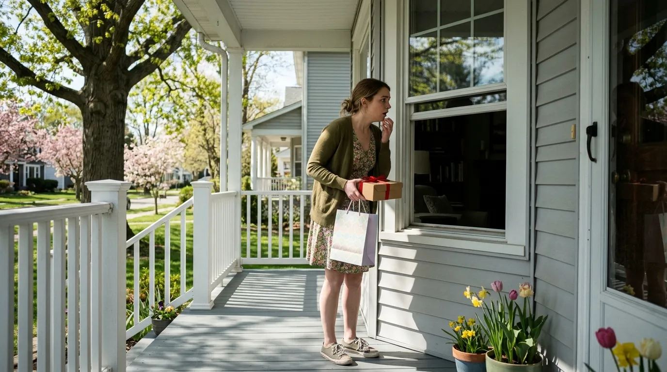 Woman standing frozen on a porch holding a gift bag