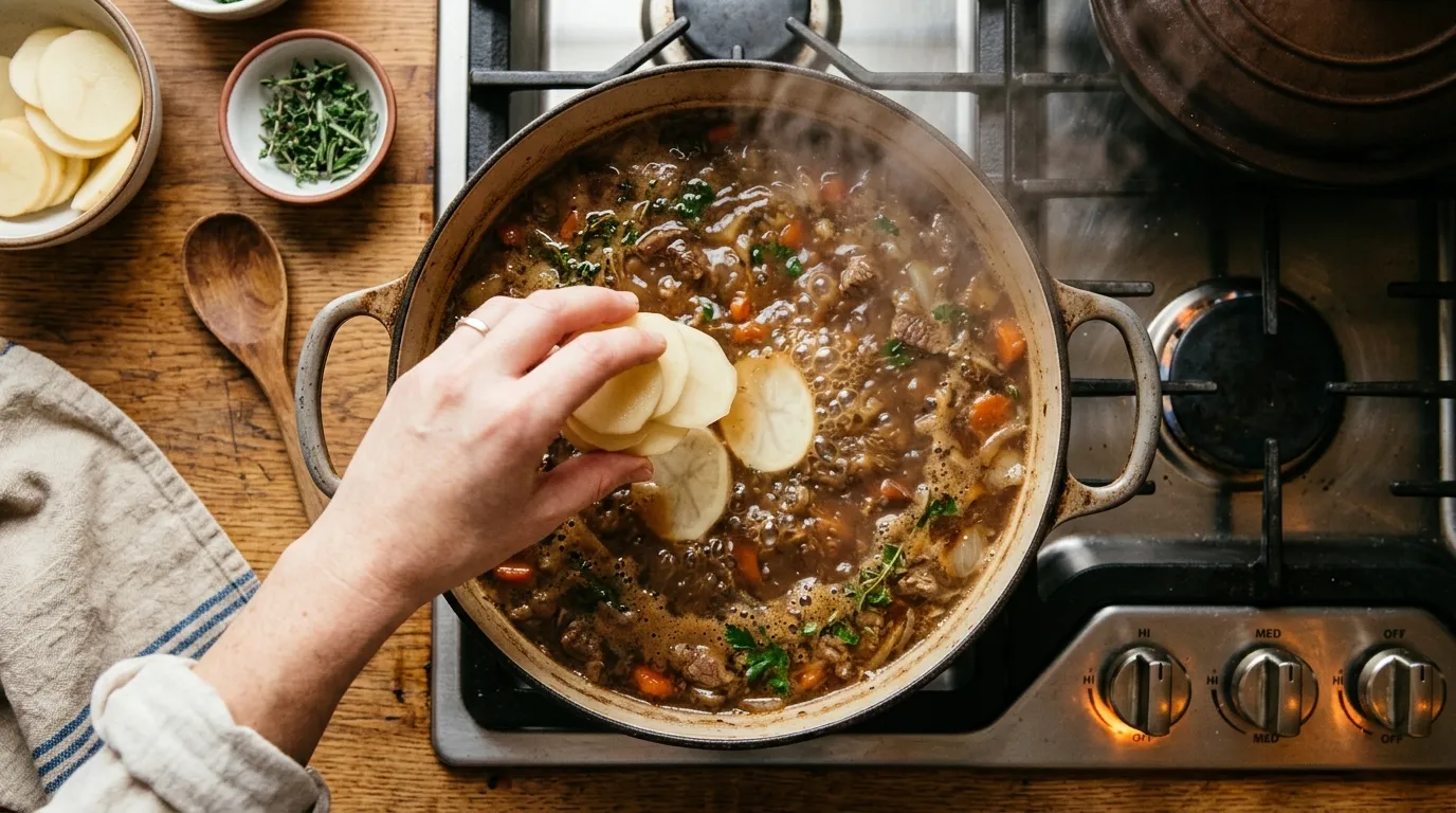 Thinly sliced raw potatoes simmering in a pot of savory soup to absorb excess sodium