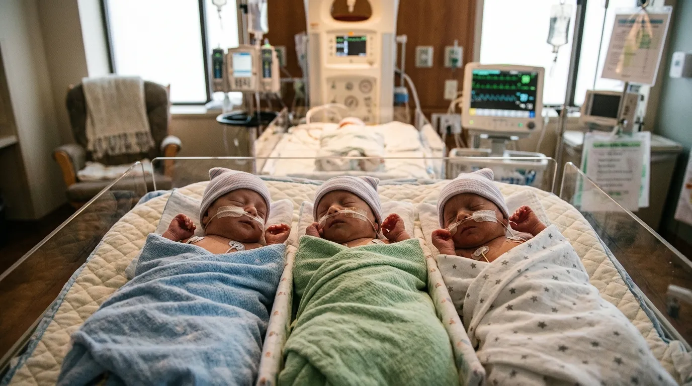 Three tiny premature babies resting in a hospital NICU