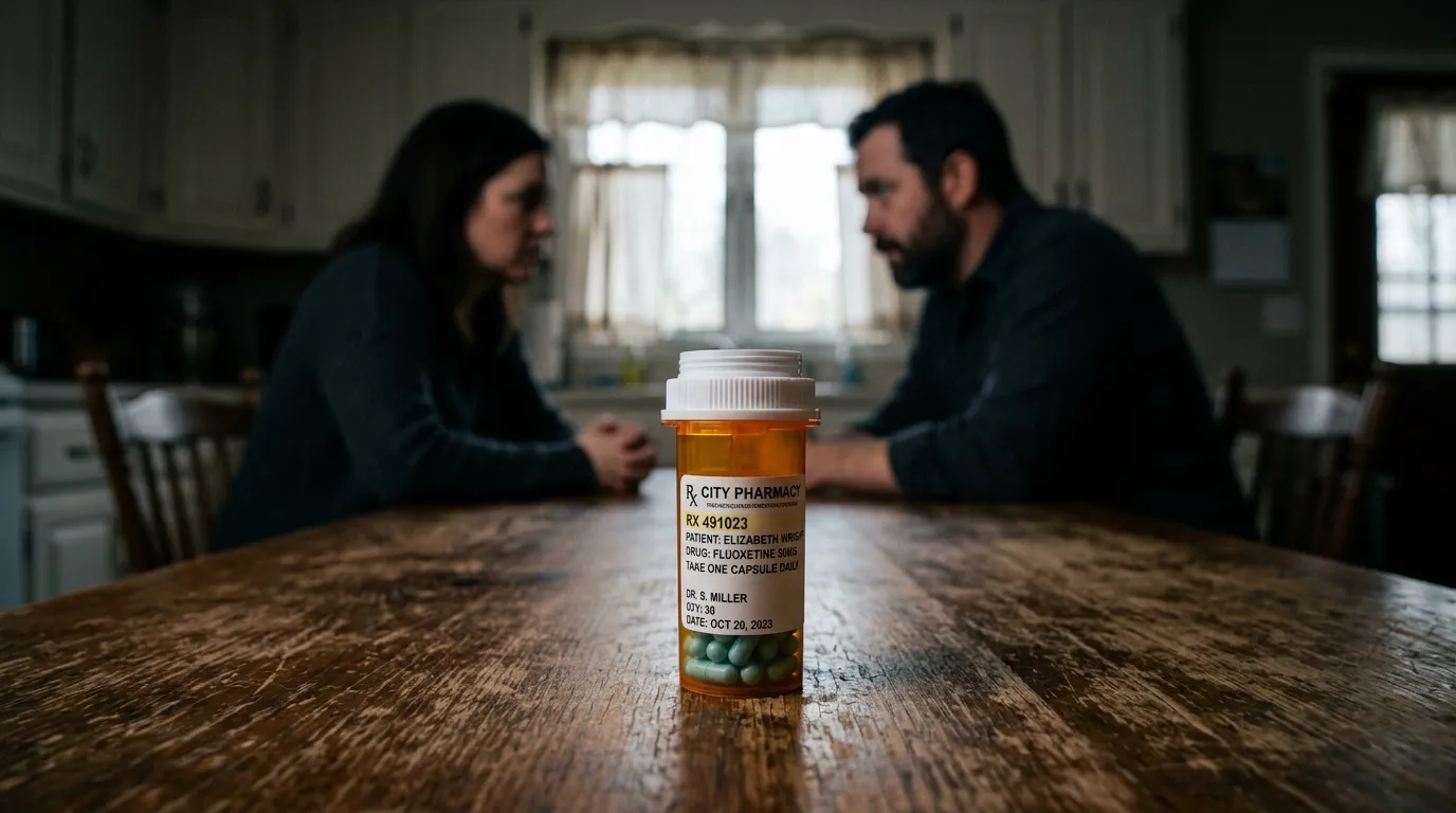 An orange prescription bottle sitting on a wooden kitchen table.