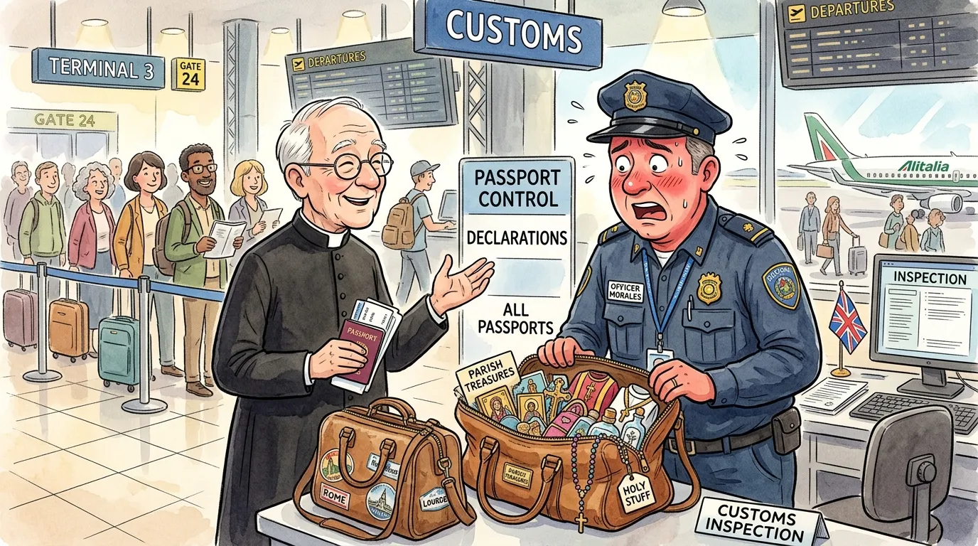 Priest talking to a blushing customs officer