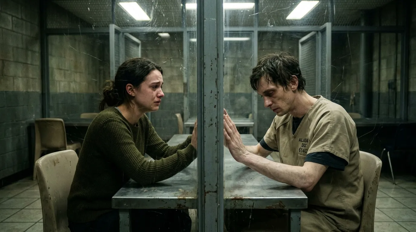 A woman in regular clothes and a man in a beige prison uniform looking at each other through a scratched glass partition in a visitation room.