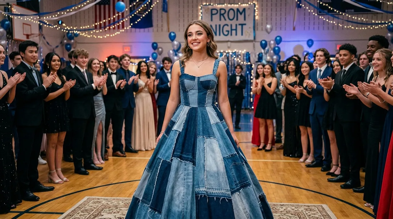 A teenage girl wearing a beautiful denim dress at prom, smiling as people applaud