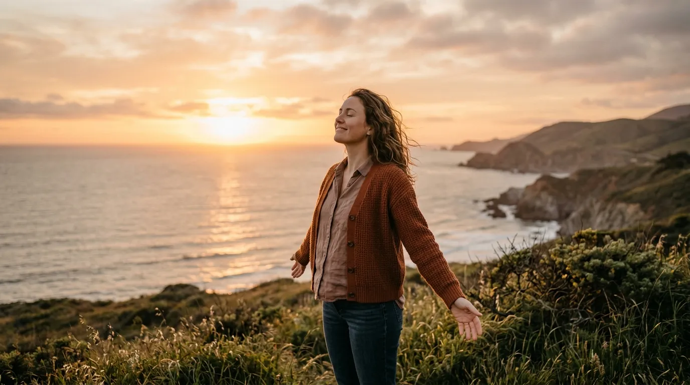 A person standing on a quiet beach at sunset, looking peaceful and self-assured.
