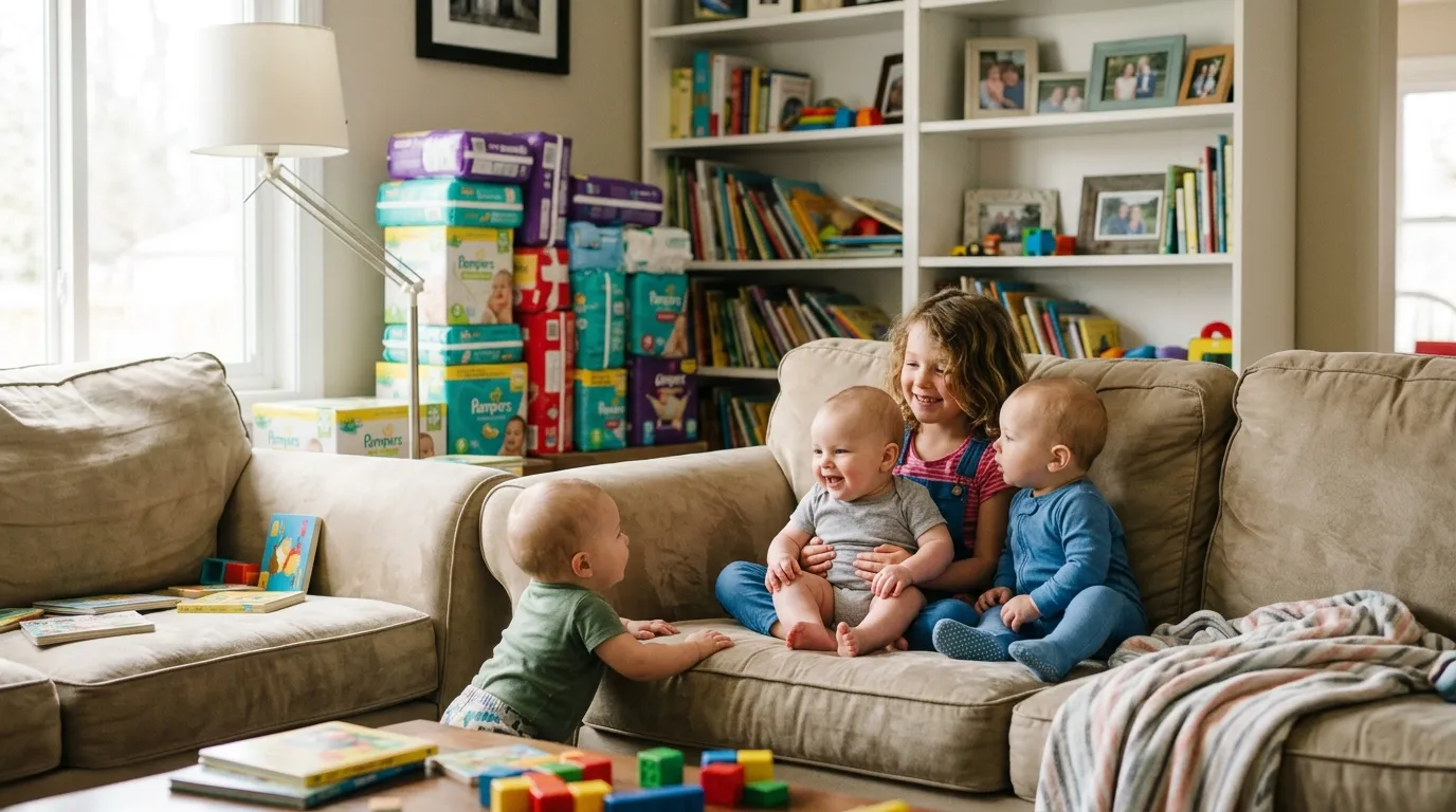 A smiling 6-year-old girl sitting proudly next to her three baby brothers