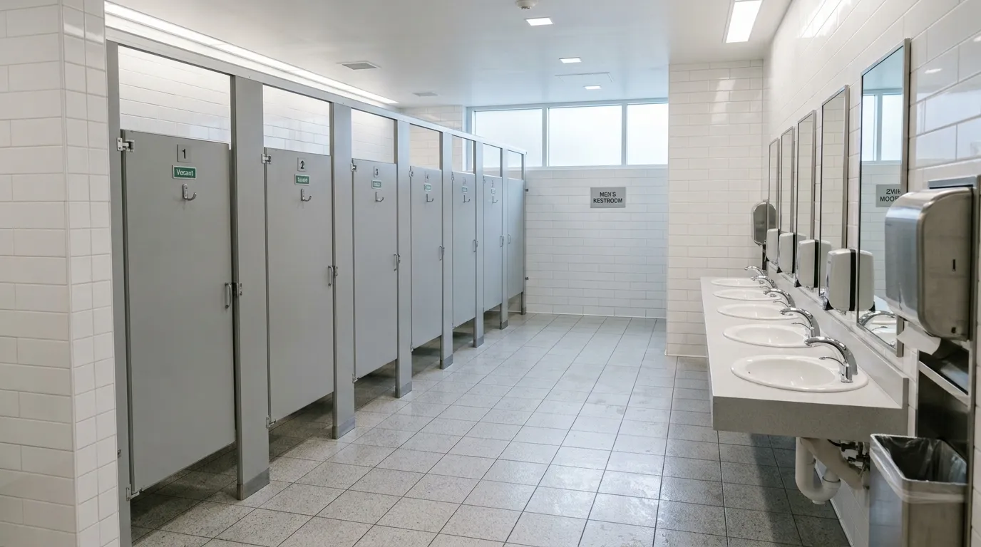 A row of clean stalls in a typical public restroom
