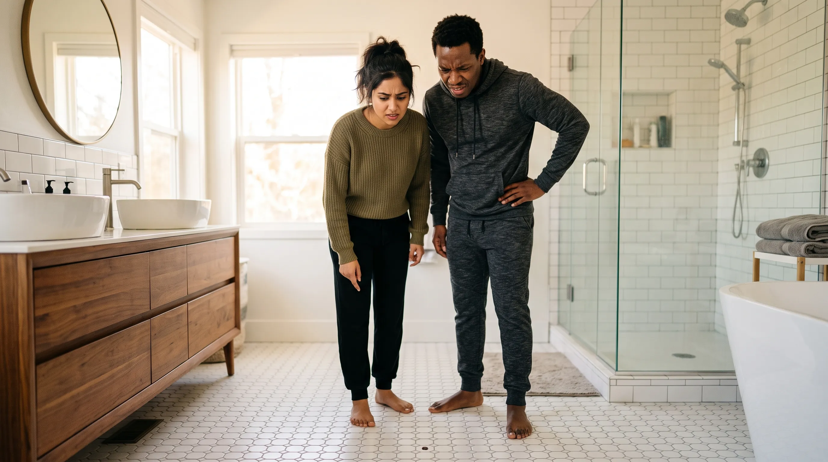 A young couple in comfy clothes looking down at their bathroom floor with confused expressions.