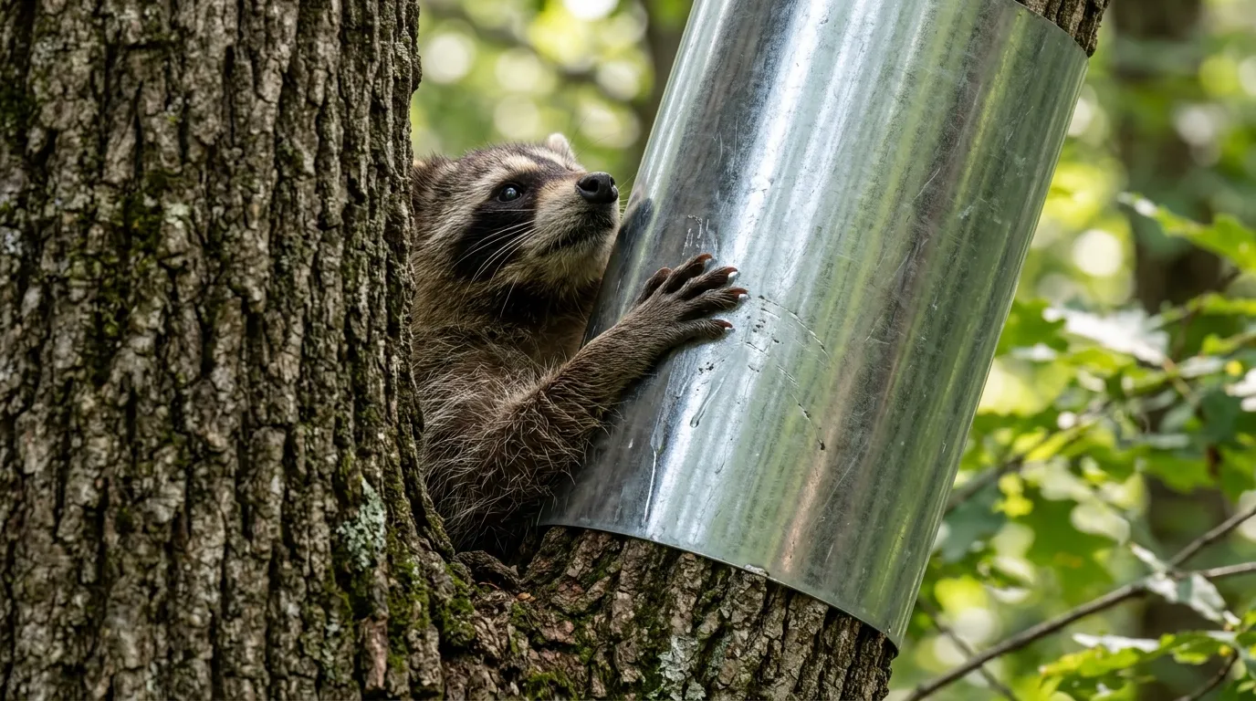 Close up of a smooth galvanized steel baffle contrasting with rough tree bark