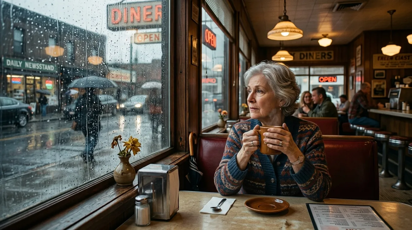 Silver-haired woman sitting in a dimly lit diner holding a coffee cup