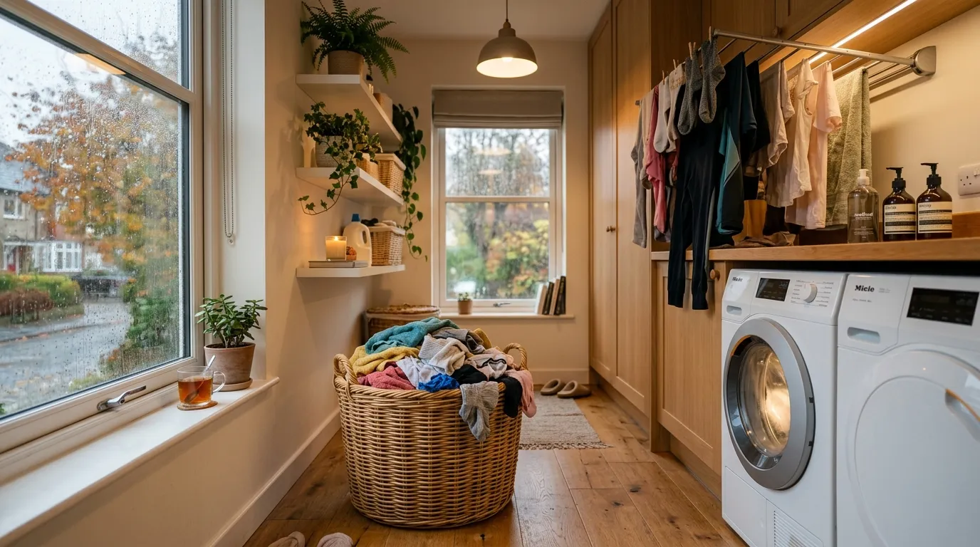 Basket of wet laundry on a rainy day