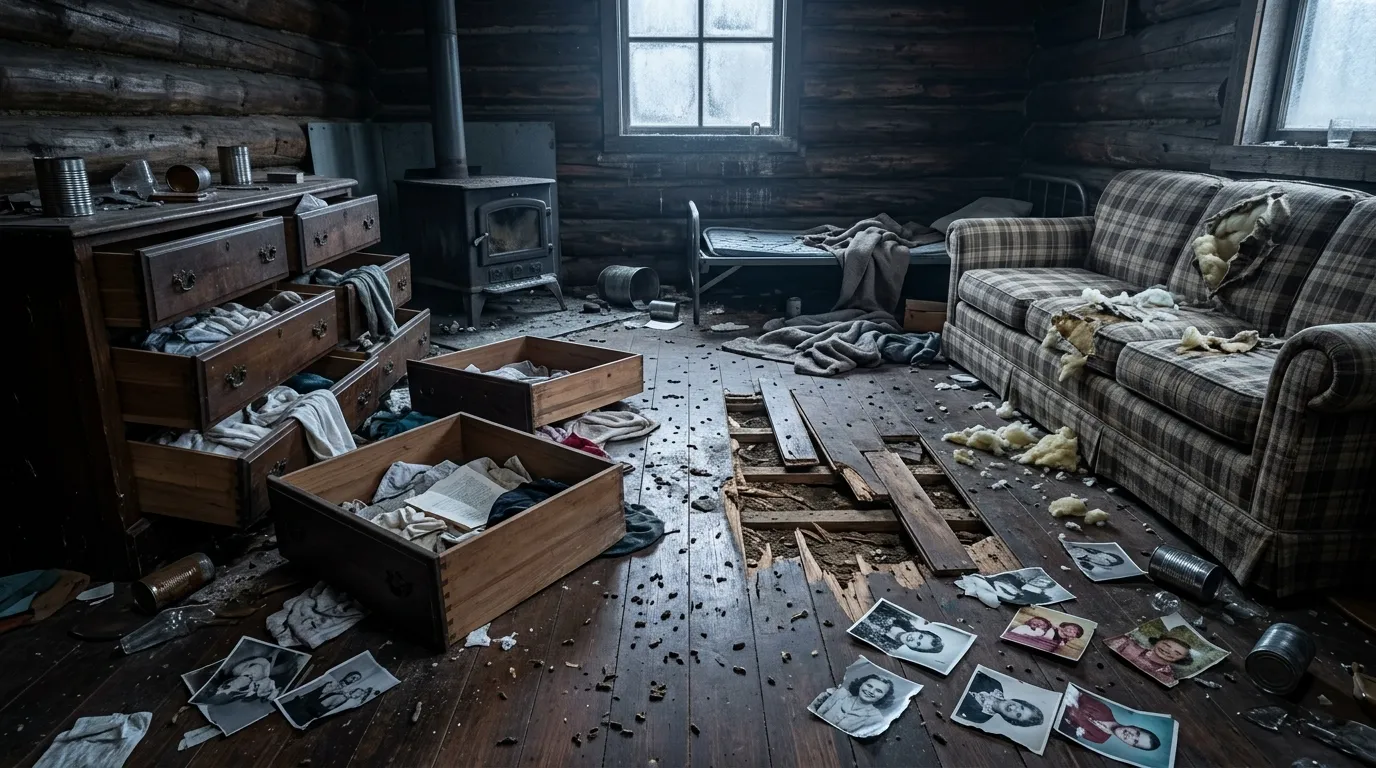 The destroyed interior of the mountain cabin with torn cushions and pried floorboards.