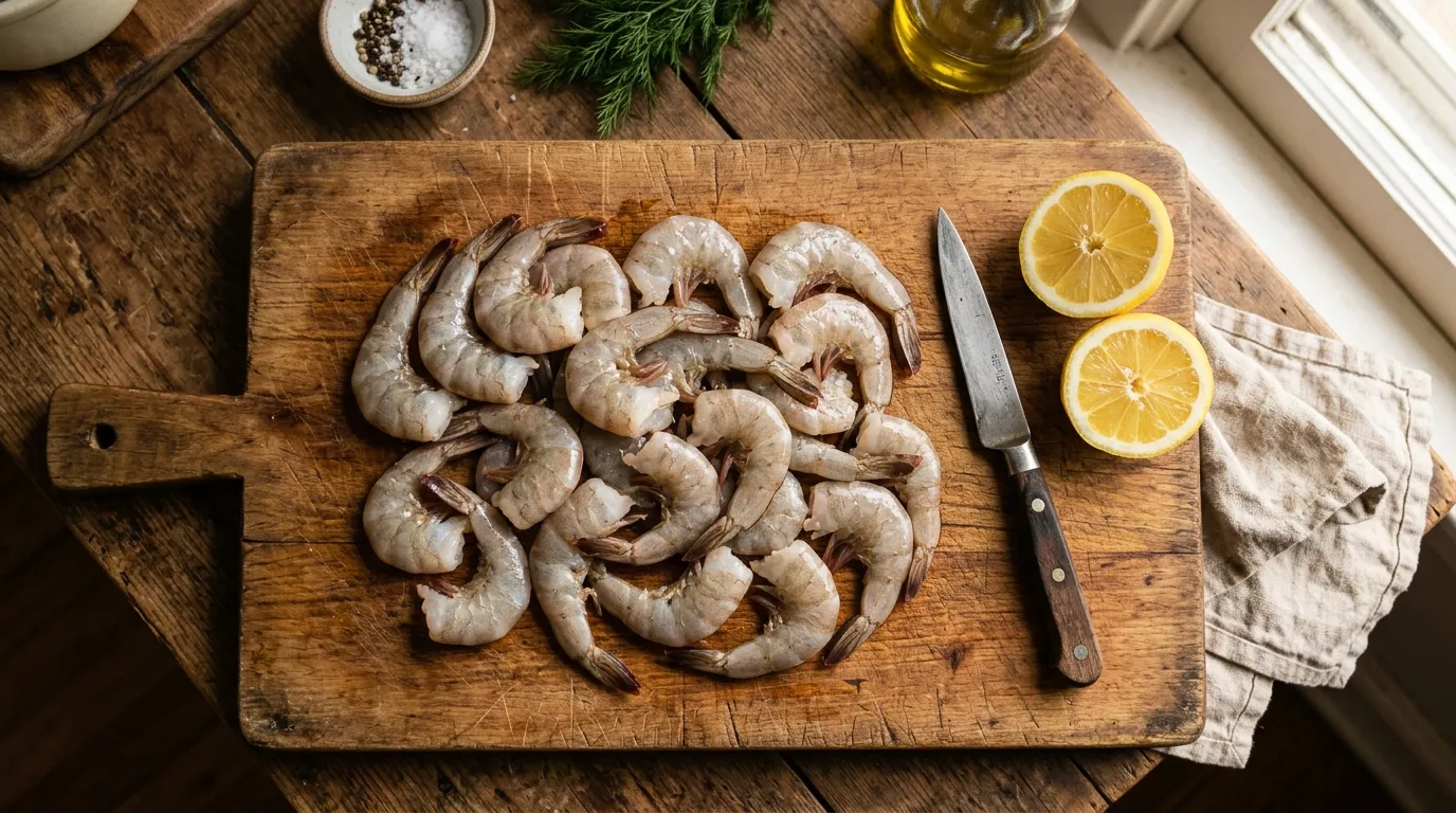 Raw jumbo shrimp on a rustic wooden cutting board with a knife and lemons