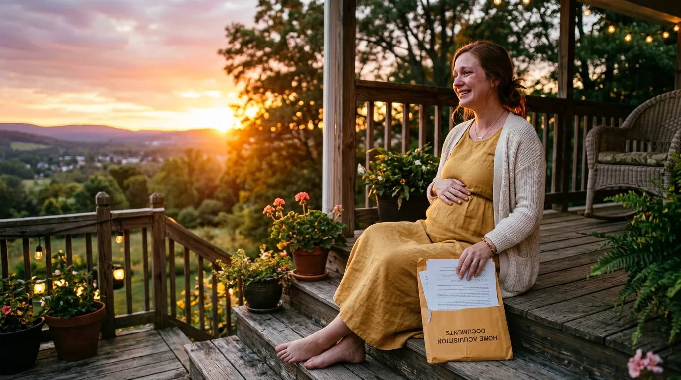 A pregnant woman sitting on her porch at sunset, holding a letter and touching her belly.