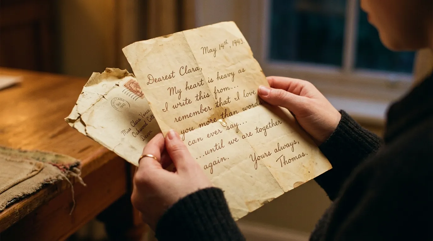 Close-up of a woman's trembling hands holding an old, handwritten letter from her mother.