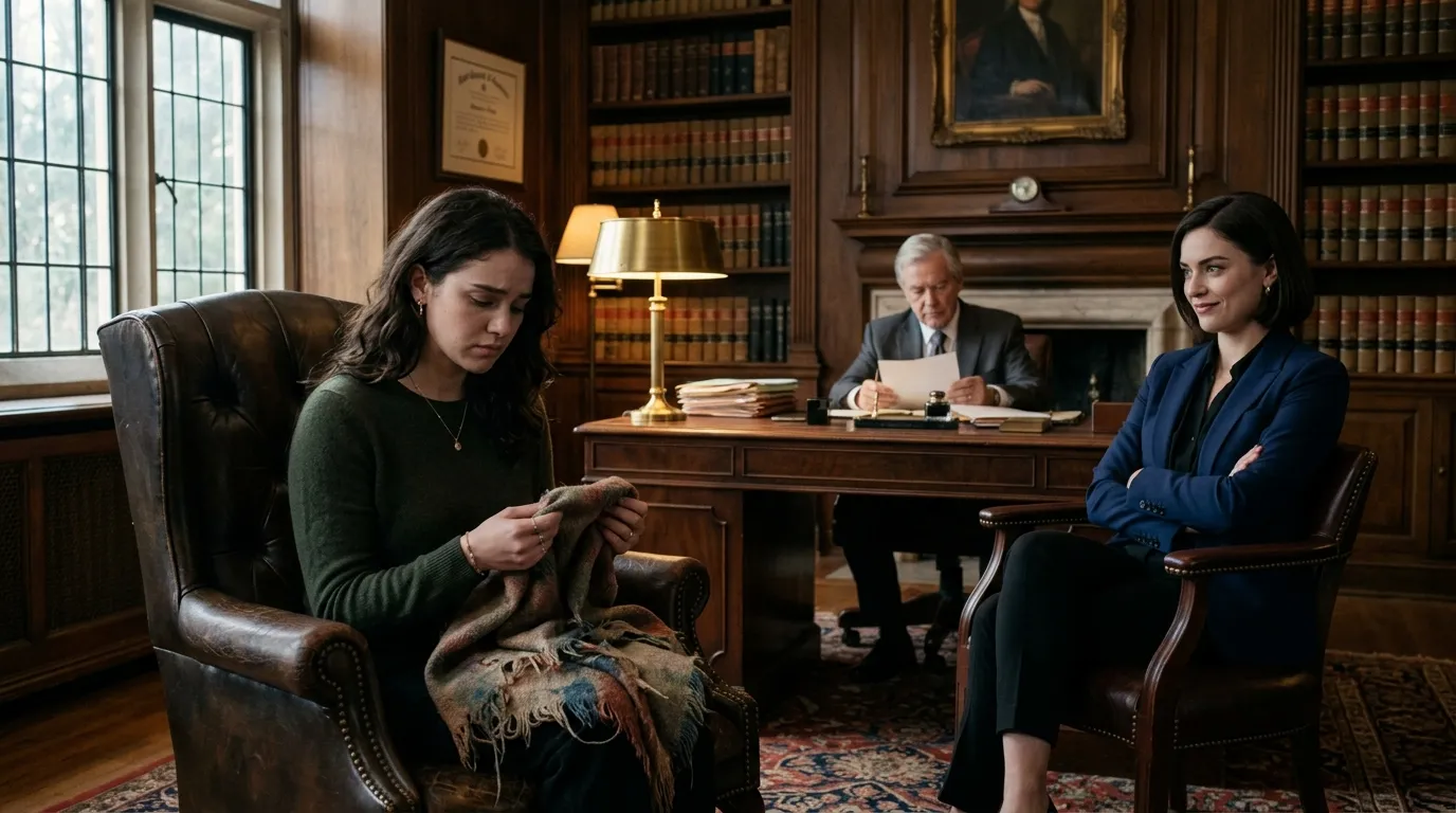 A young woman sitting in a leather chair looking at a faded shawl while her stepsister smirks.