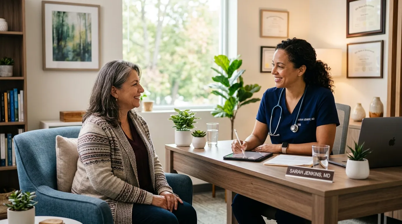 A patient having a calm, reassuring conversation with a healthcare provider