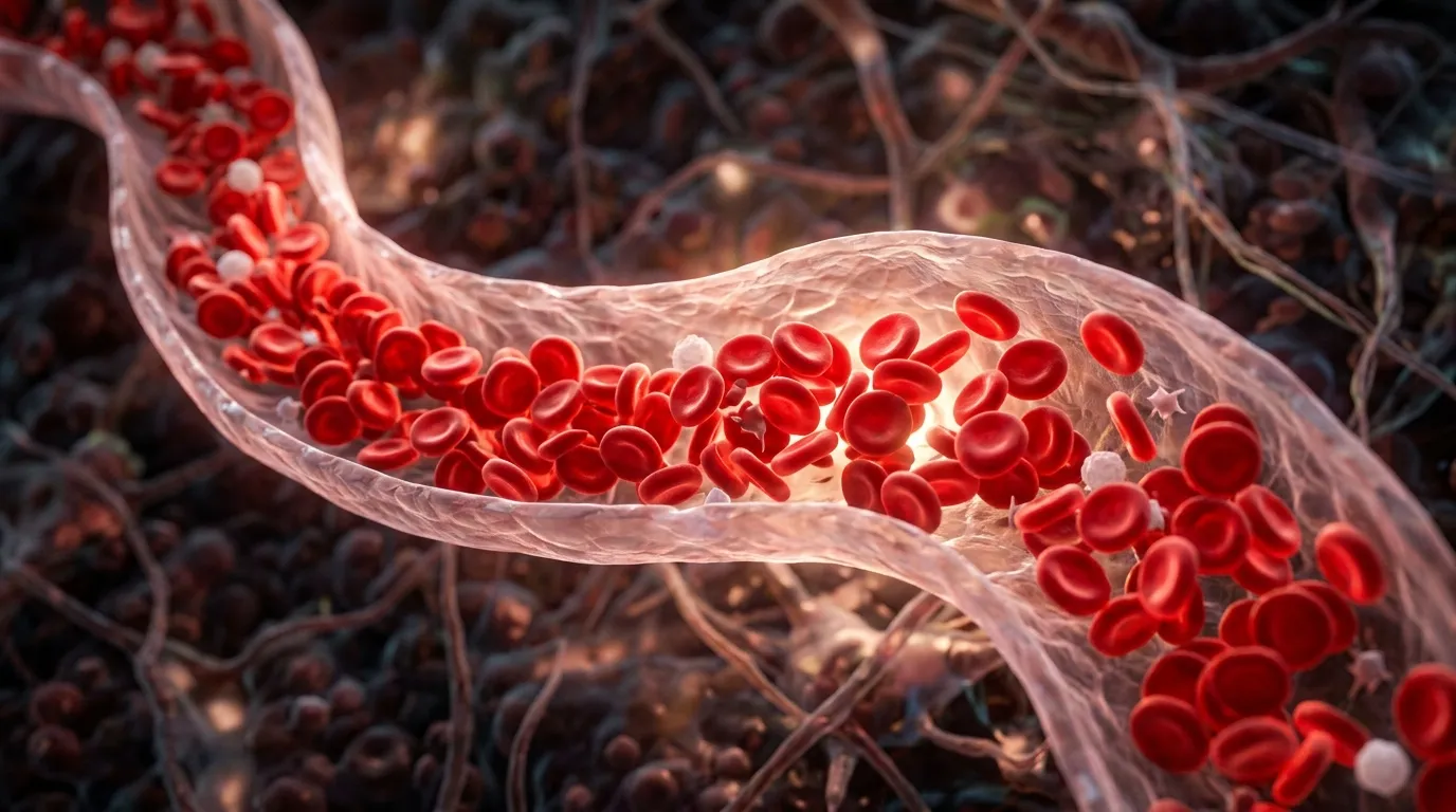 Macro shot of red blood cells flowing through a vein